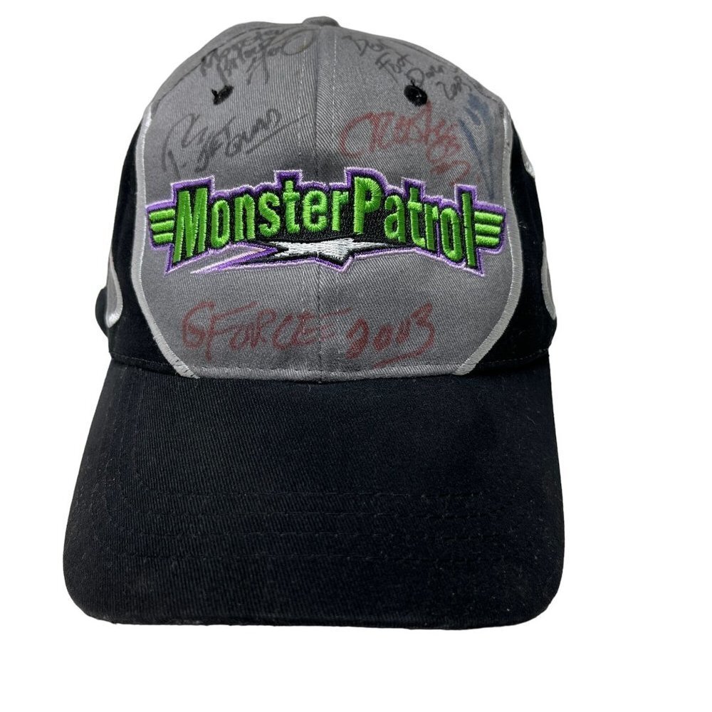 Vintage Monster Patrol Hat Cap Strap Back Black Gray‎ Embroidered Signed Flames